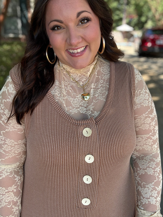 A Feminine Touch Tan Semi Sheer Lace Top