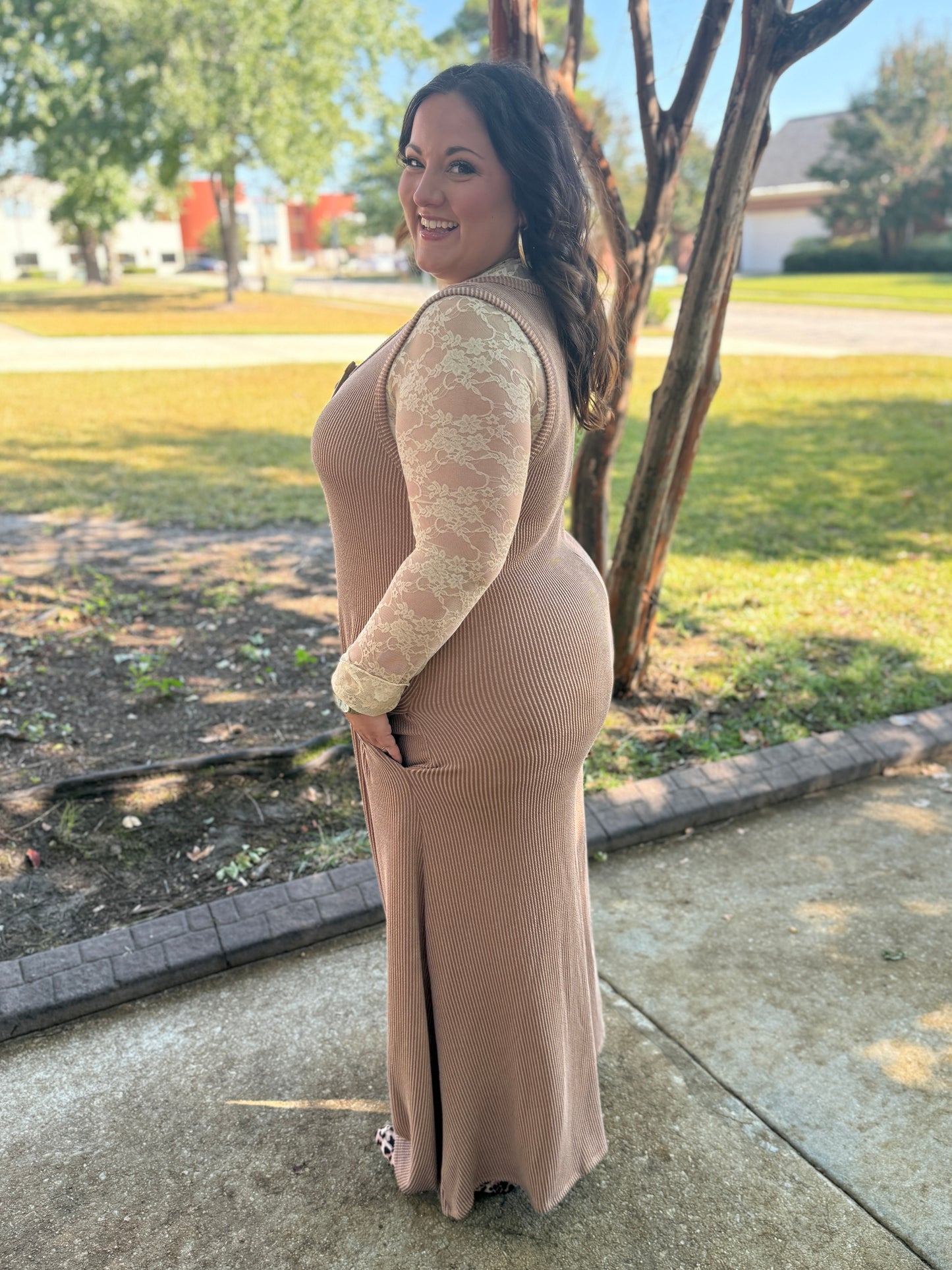 A Feminine Touch Tan Semi Sheer Lace Top