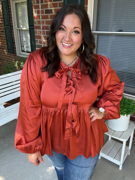 Tied Up in Style Rust Ribbon Blouse