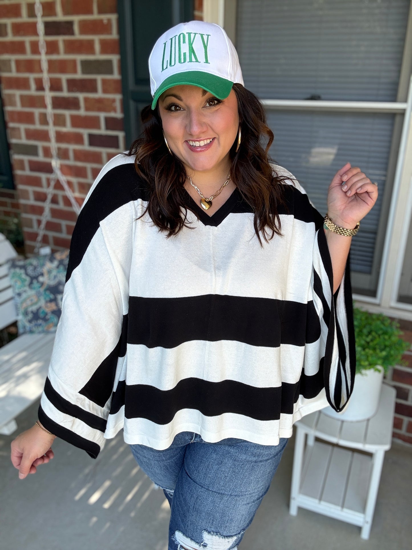 The Traveler Black/White Stripe Dolman Notch Neck Sweater Poncho