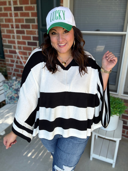 The Traveler Black/White Stripe Dolman Notch Neck Sweater Poncho
