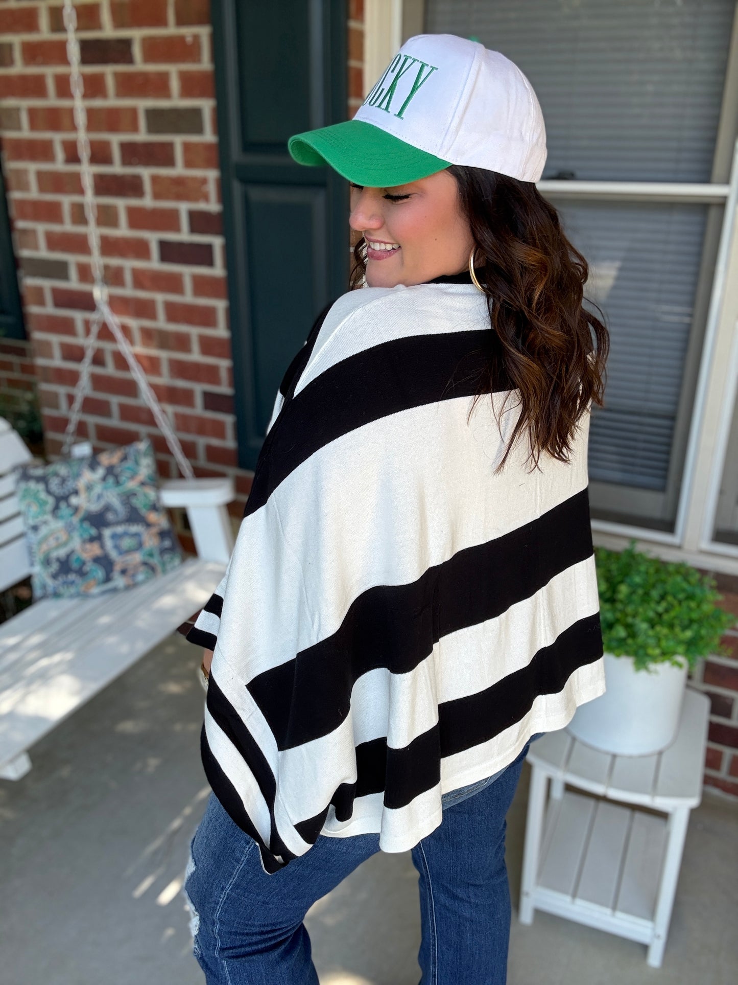 The Traveler Black/White Stripe Dolman Notch Neck Sweater Poncho