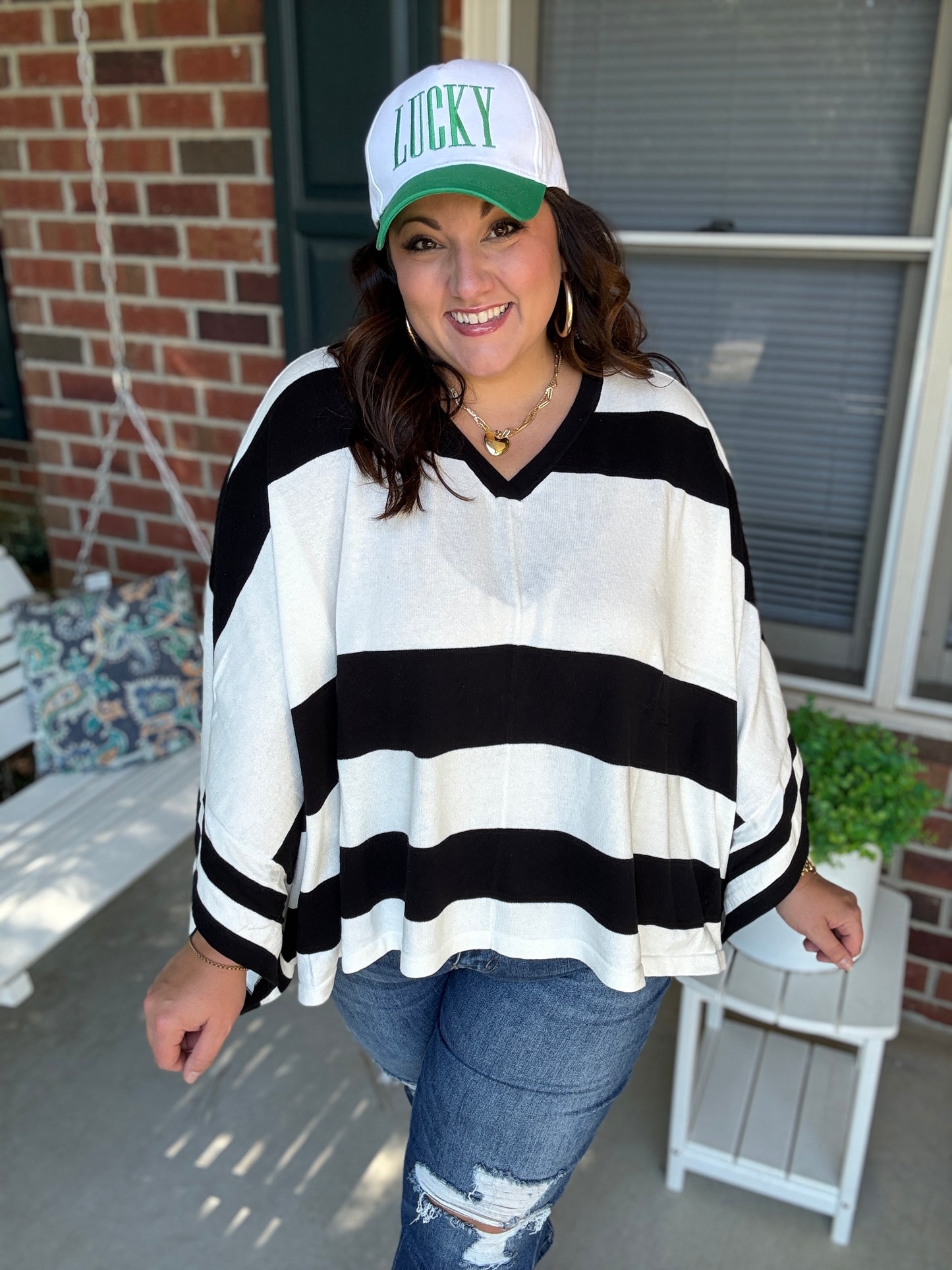 The Traveler Black/White Stripe Dolman Notch Neck Sweater Poncho