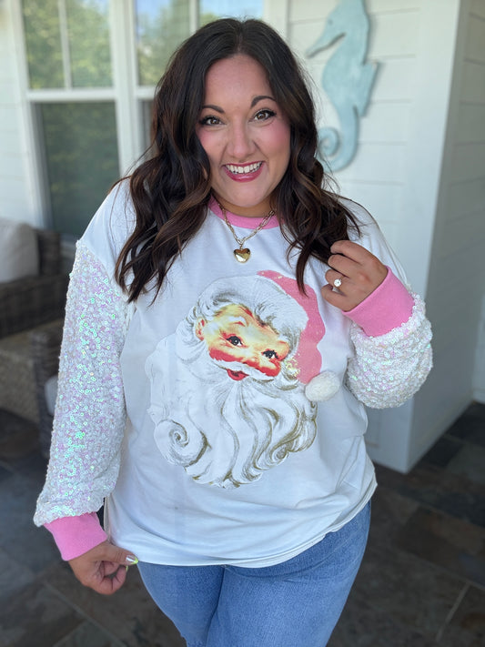 Santa Claus White Sweatshirt with Sequin Sleeves