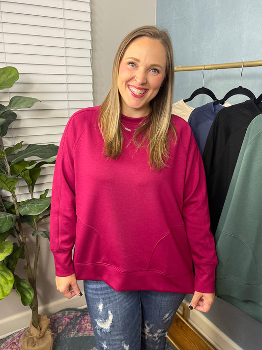 It's The Little Things Relaxed Scuba Pullover in Cabernet