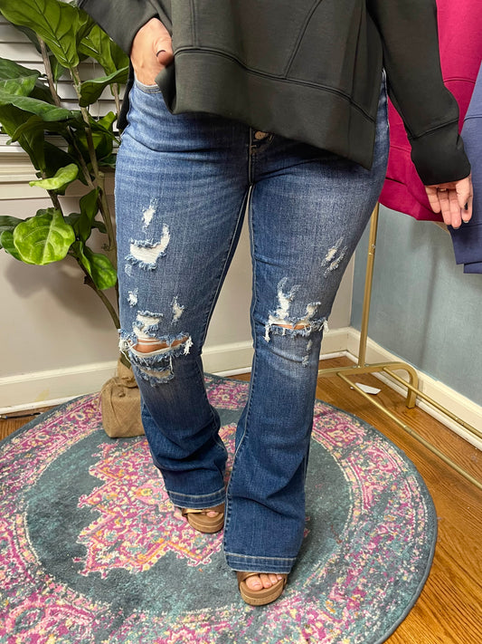 Gabriella Mid Rise Distressed Button Fly Flare Jeans!