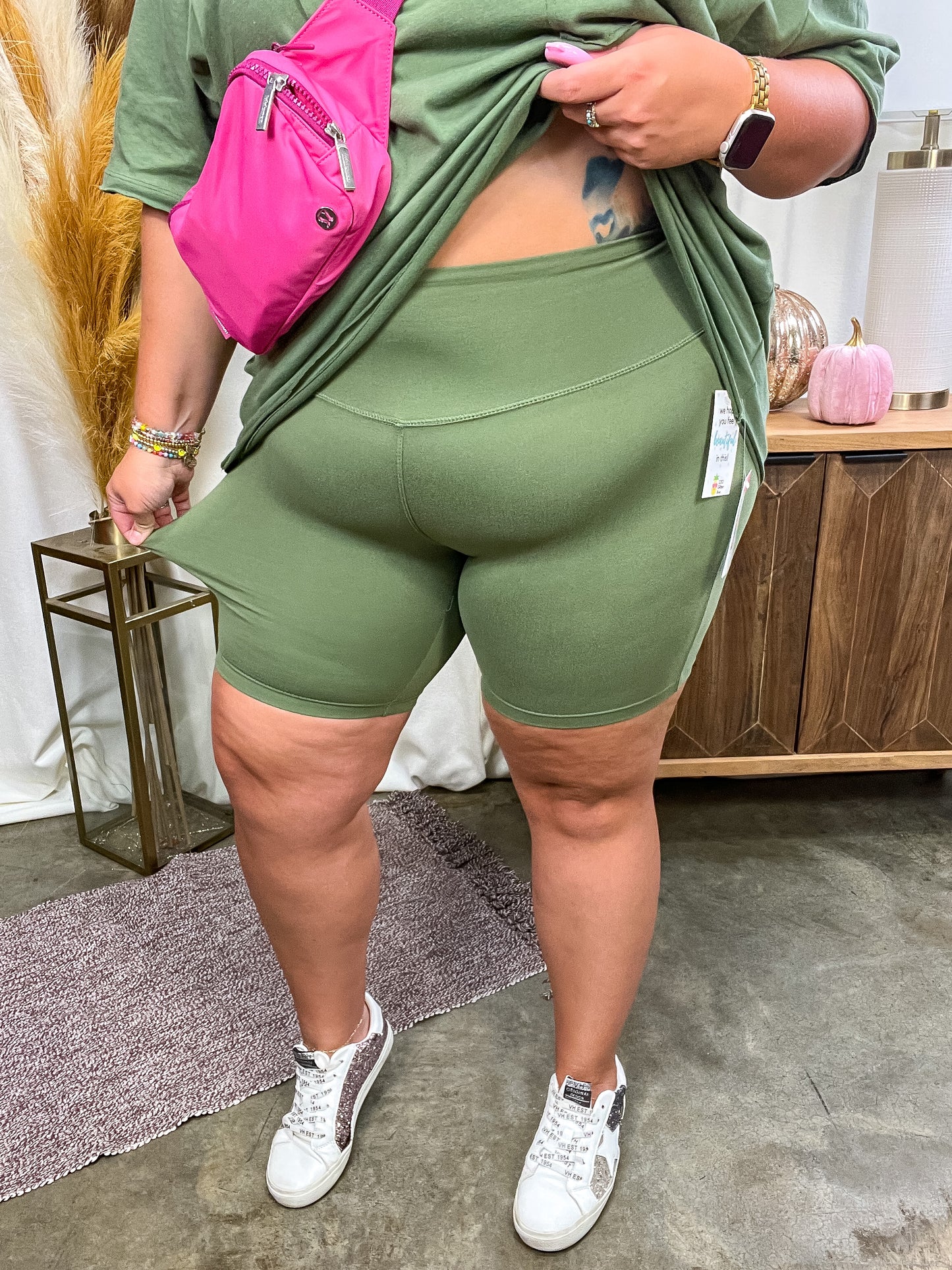 High Rise Wide Waistband Biker Shorts in Light Olive