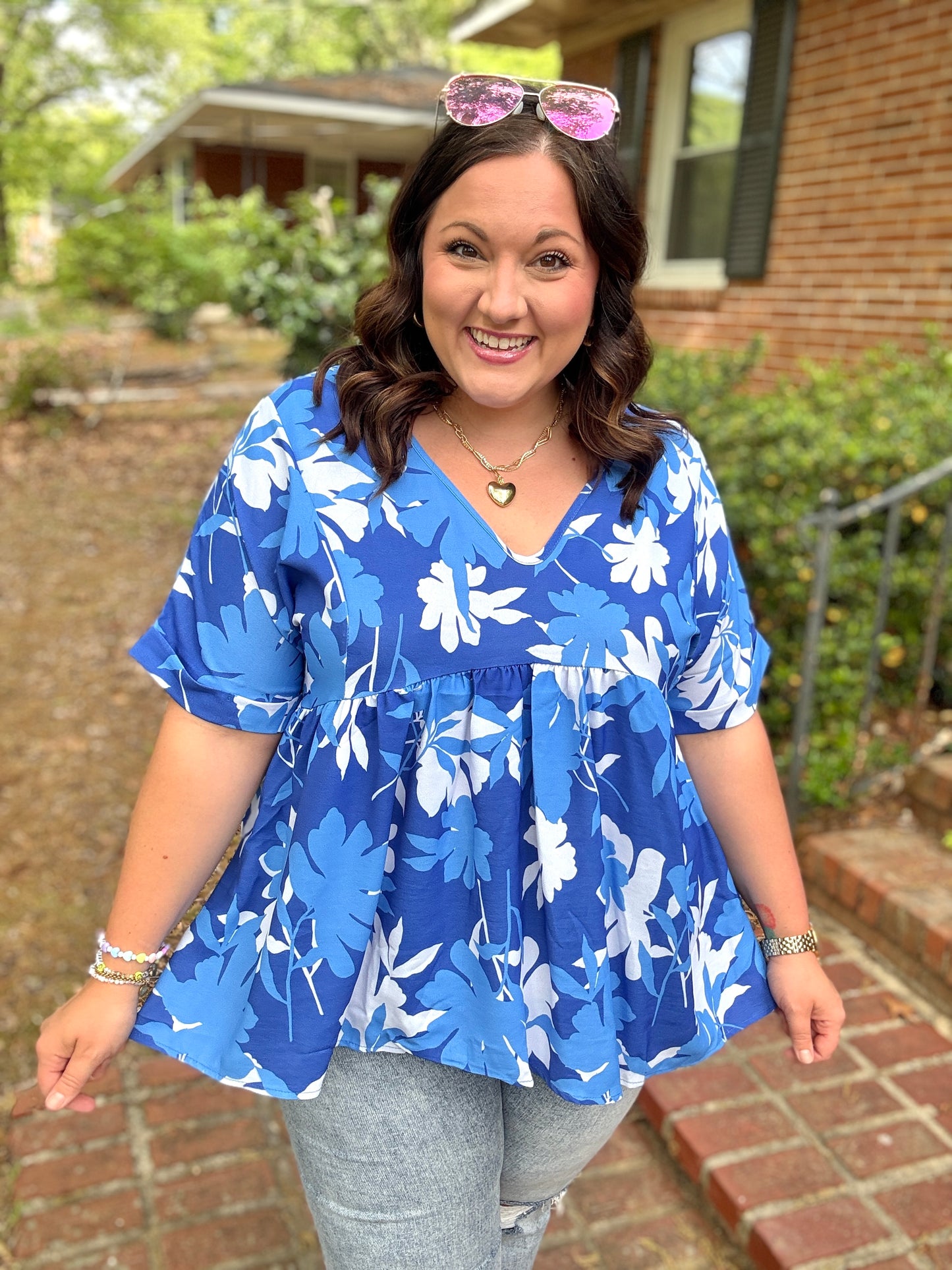 Blue Floral Print V Neck Babydoll Flutter Sleeve Top