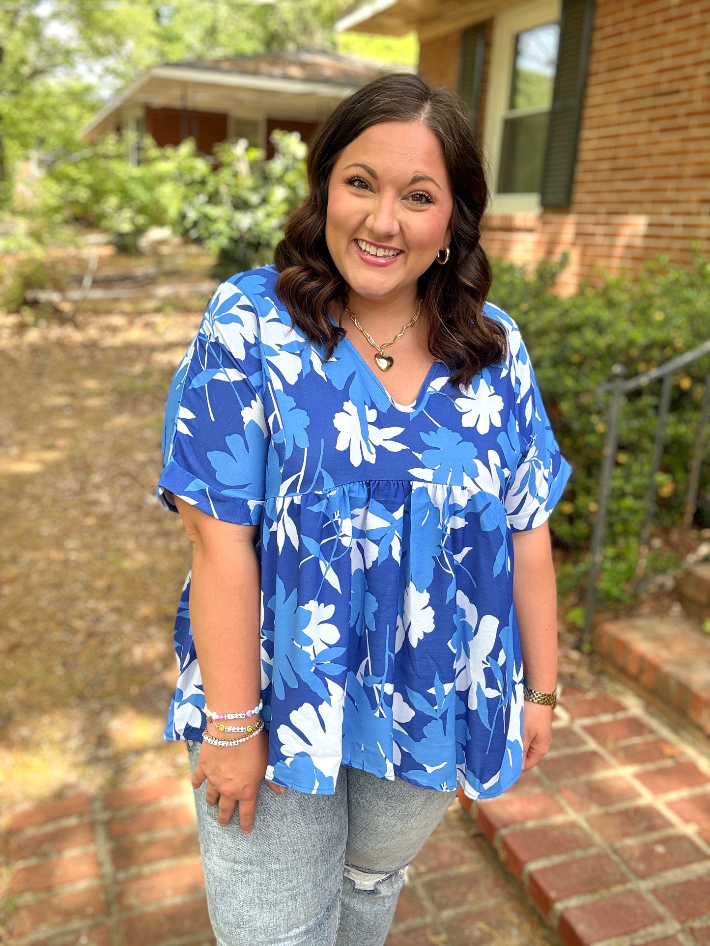 Blue Floral Print V Neck Babydoll Flutter Sleeve Top