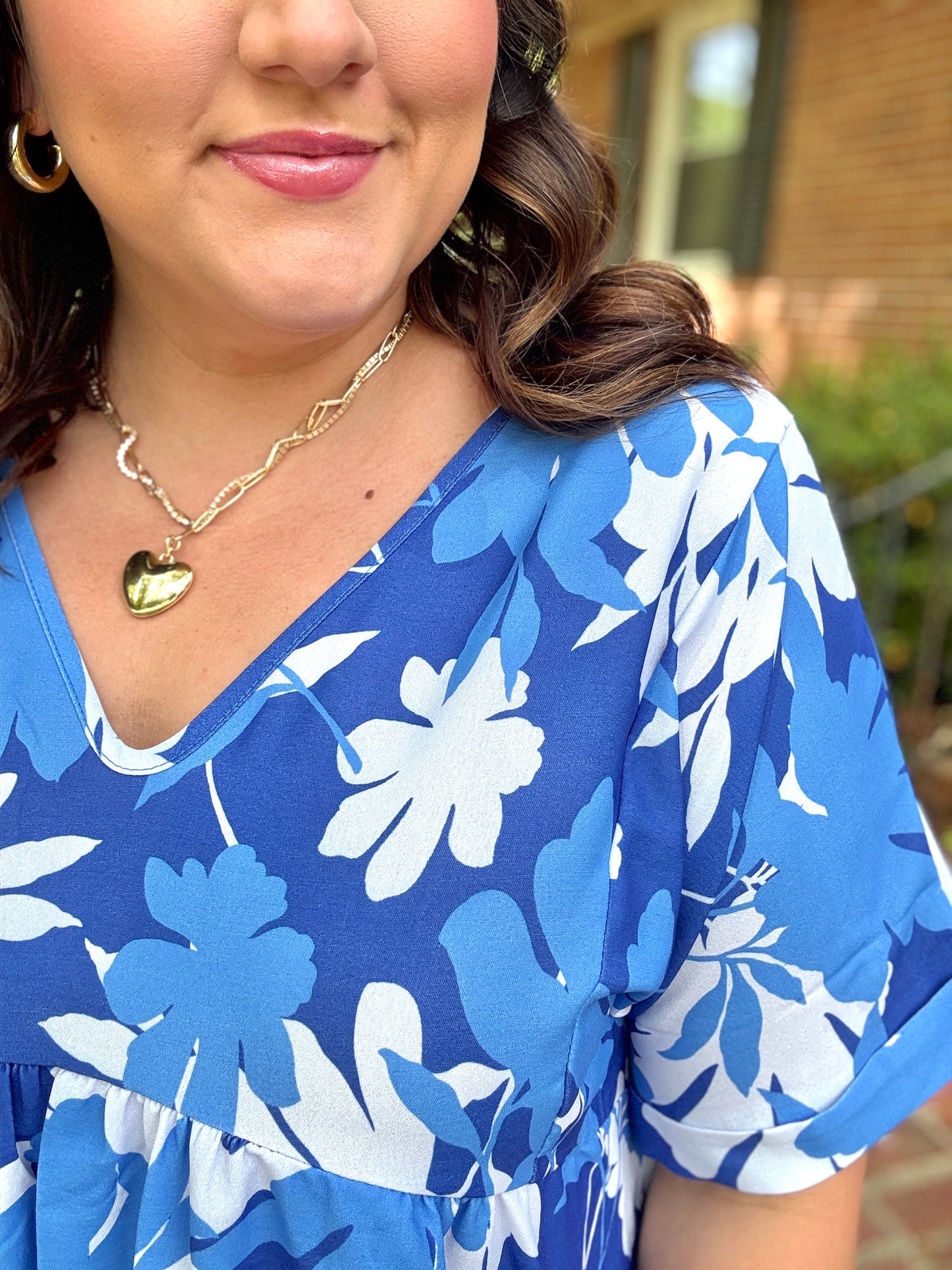 Blue Floral Print V Neck Babydoll Flutter Sleeve Top