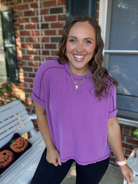 Magenta Ribbed Side Slit Top