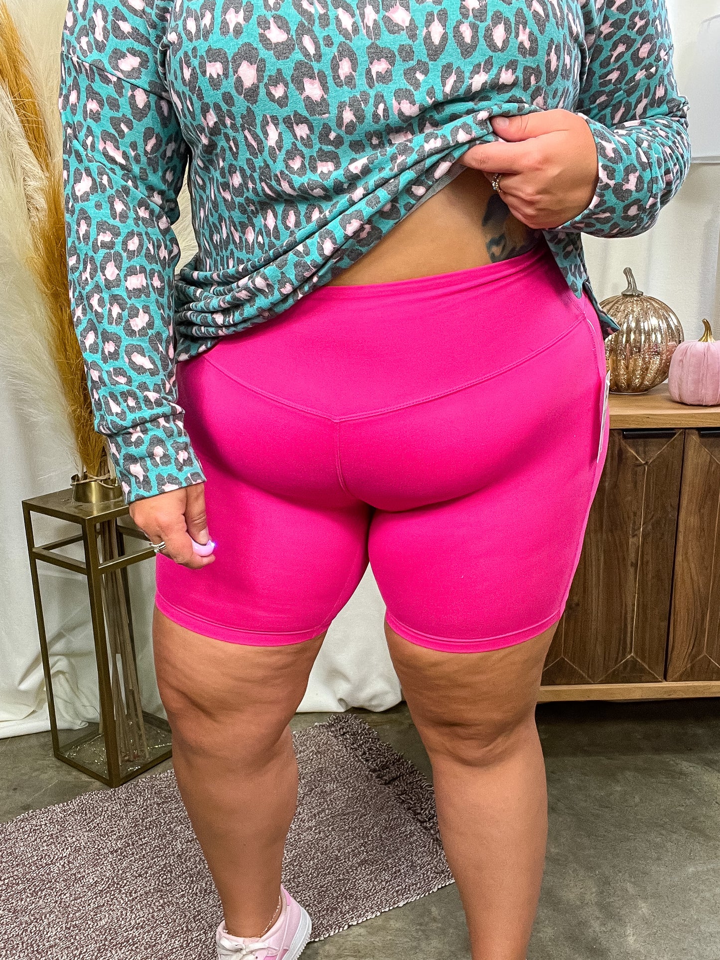 High Rise Wide Waistband Biker Shorts in Fuchsia