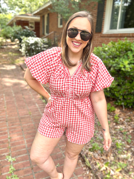 Festival Ready Cotton Red Checker Elastic V Neck Romper