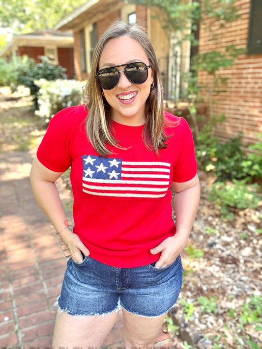 American Flag Bubble Short Sleeve Jacquard Sweater Knit Pullover