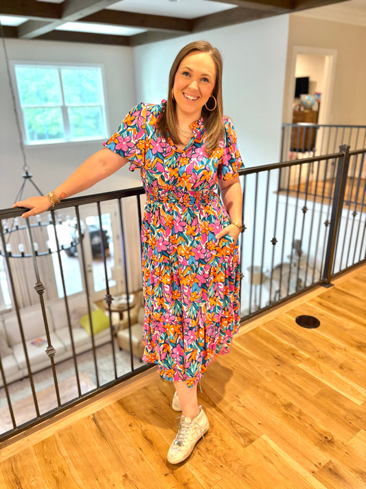 Follow Me Fuchsia Floral Print Frill Notch Neck Bubble Sleeve Dress