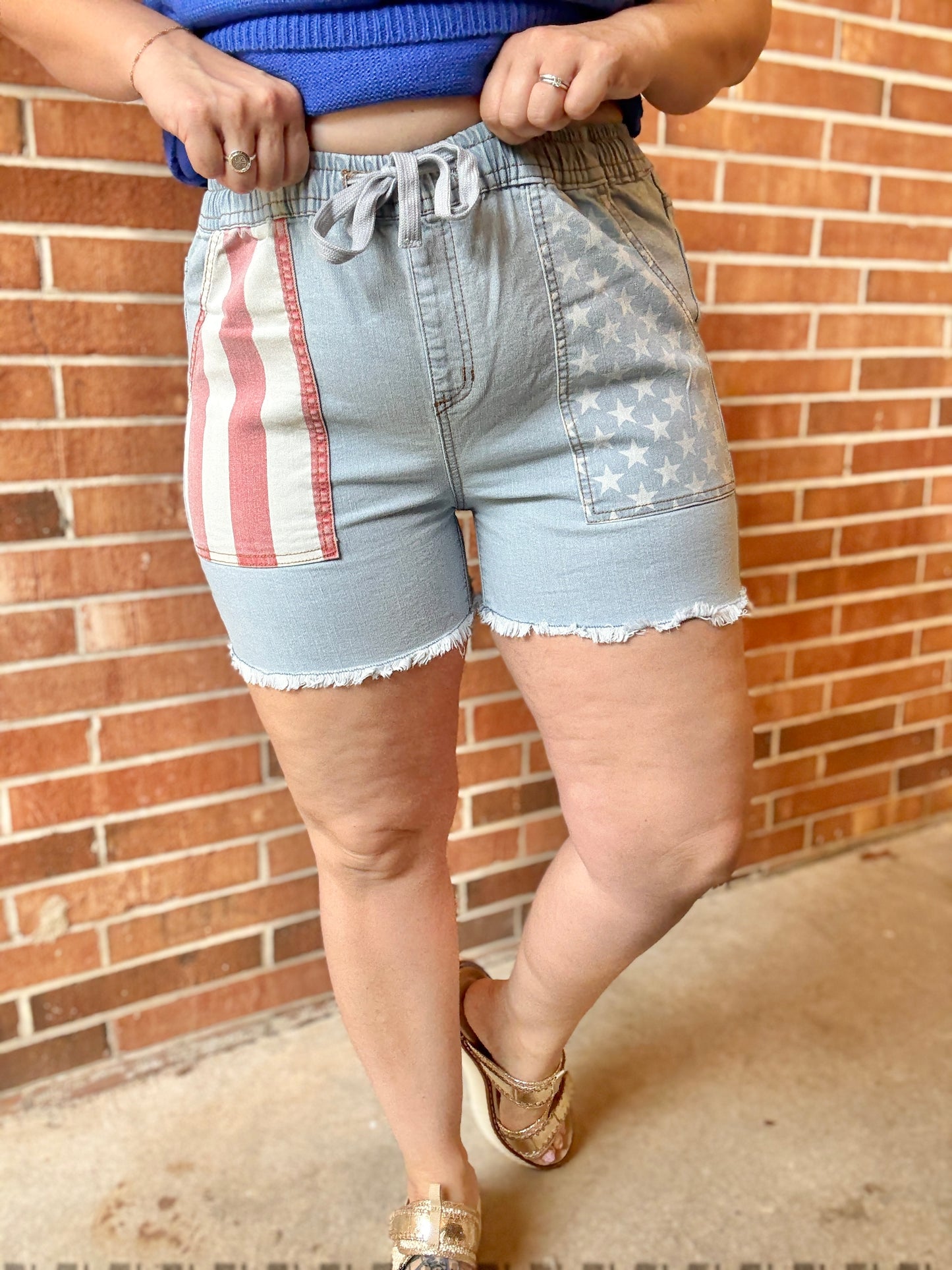 Adorable You High Rise Stars & Stripes Pocket Drawstring Shorts