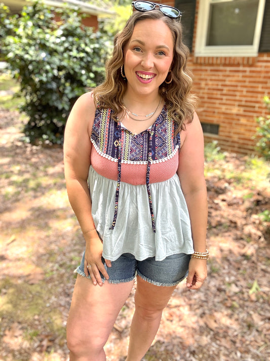 Vacay Vibes Coral/Blue Boho Print Color Block Sleeveless Top