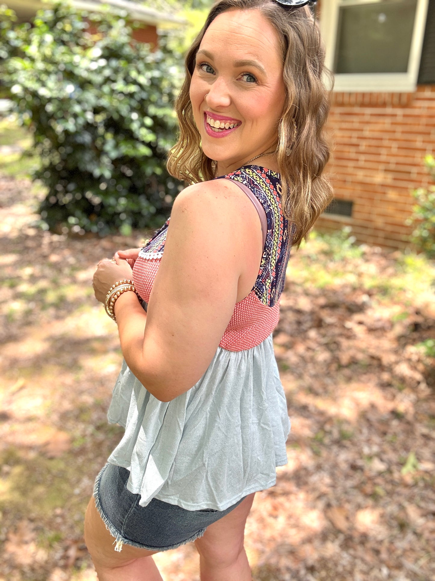 Vacay Vibes Coral/Blue Boho Print Color Block Sleeveless Top