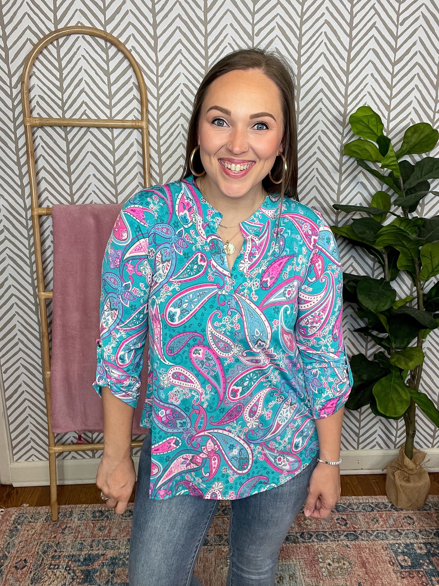 Lizzy Top in Aqua and Pink Paisley