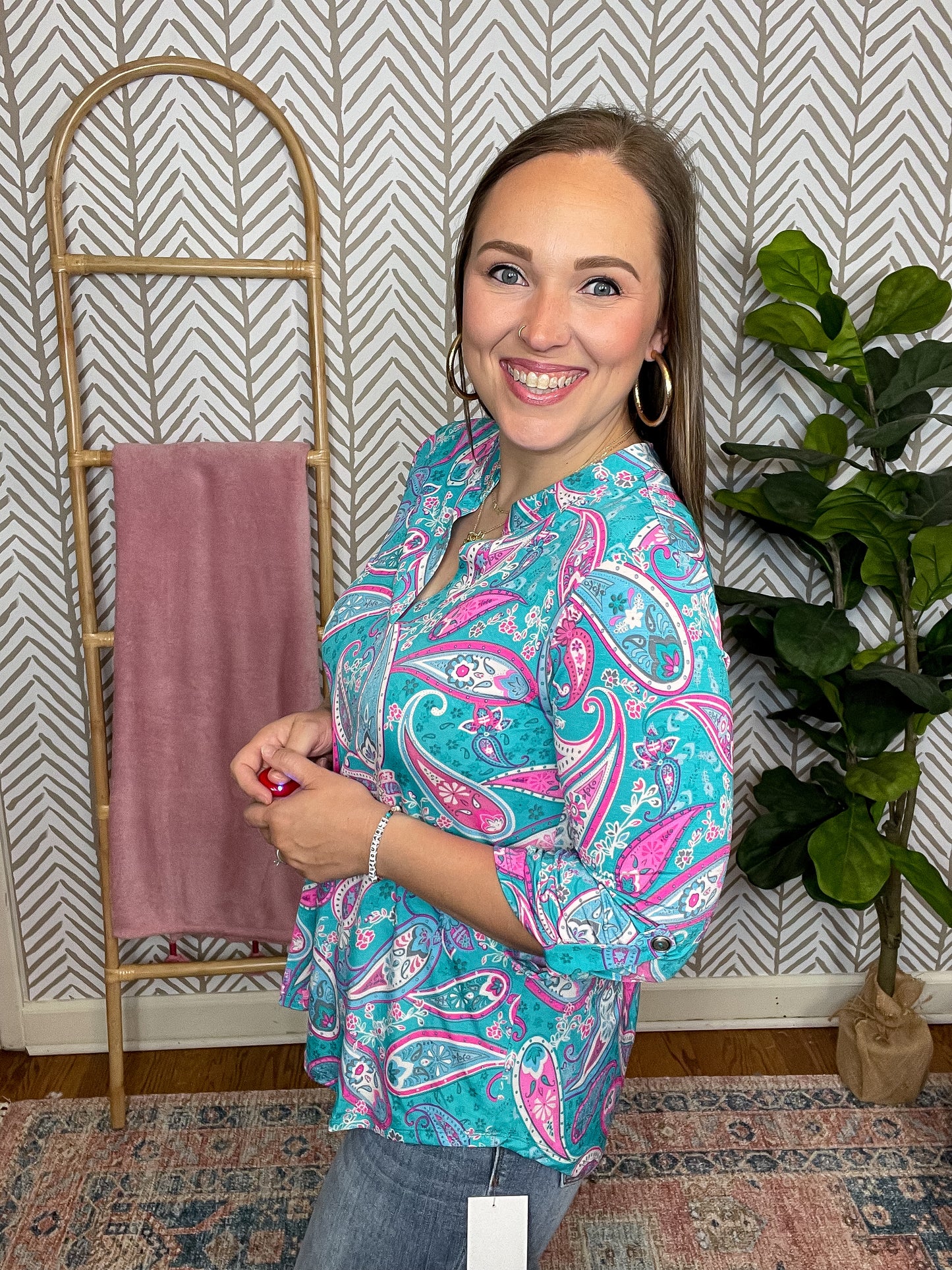 Lizzy Top in Aqua and Pink Paisley