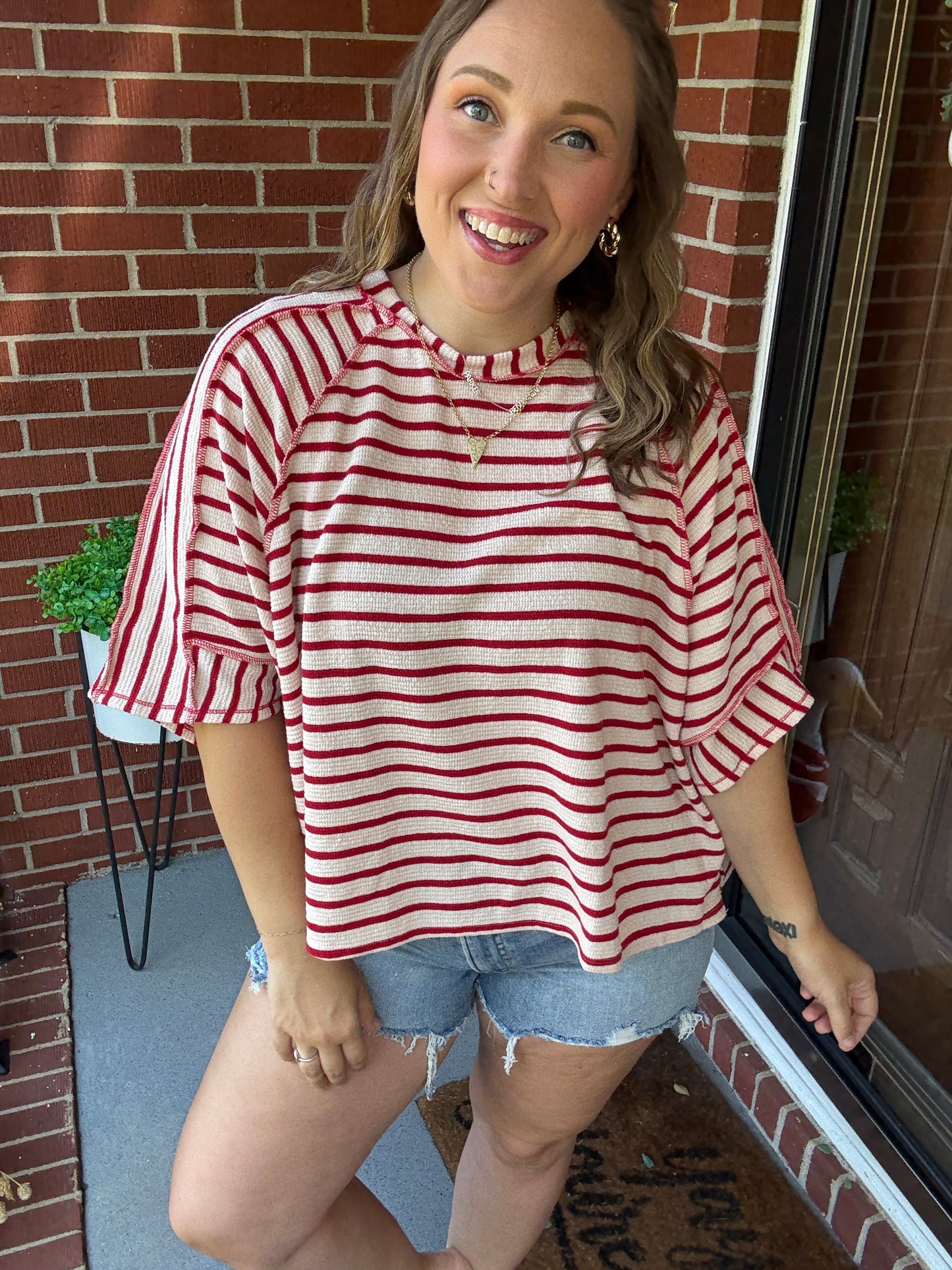 Casual Chic Cotton Red & Cream Stripe Raglan 3/4 Sleeve Pullover