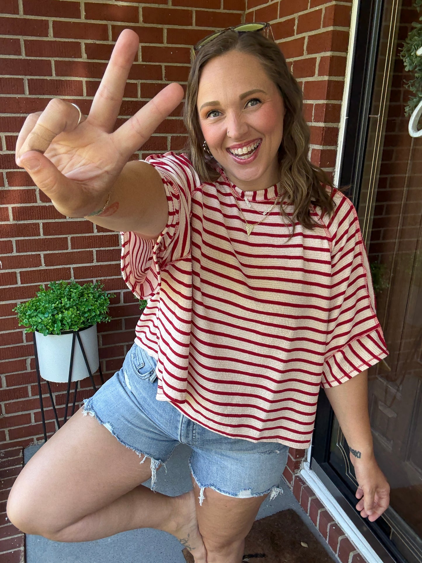 Casual Chic Cotton Red & Cream Stripe Raglan 3/4 Sleeve Pullover