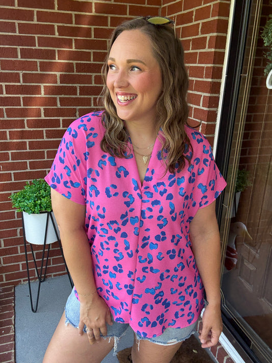 Dazzle In Hot Pink Animal Print V Neck Dolman Sleeve Top