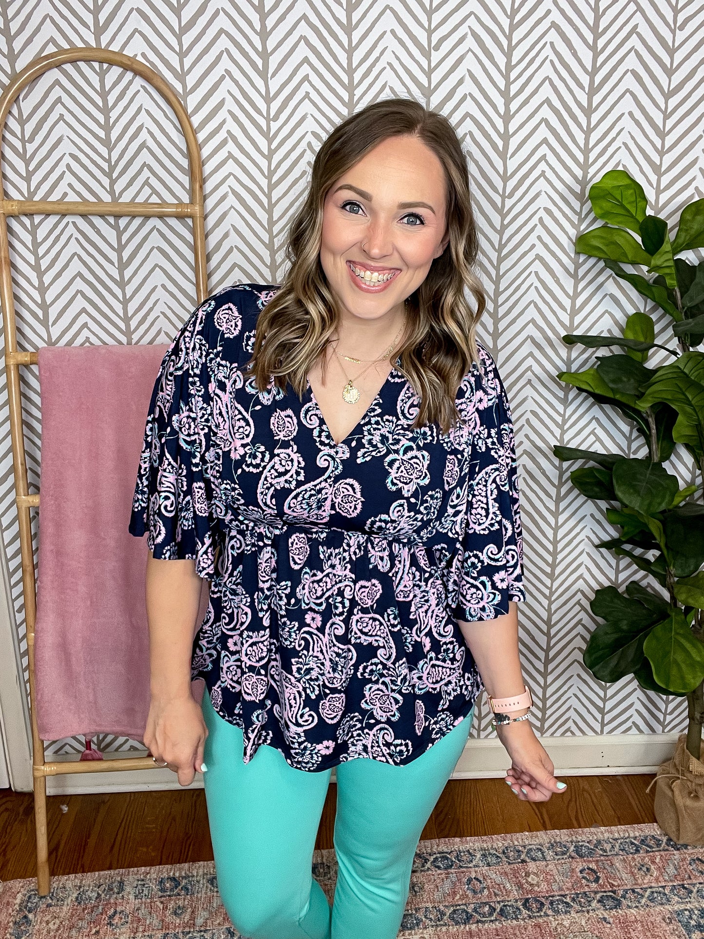 Dreamer Peplum Top in Navy and Pink Paisley