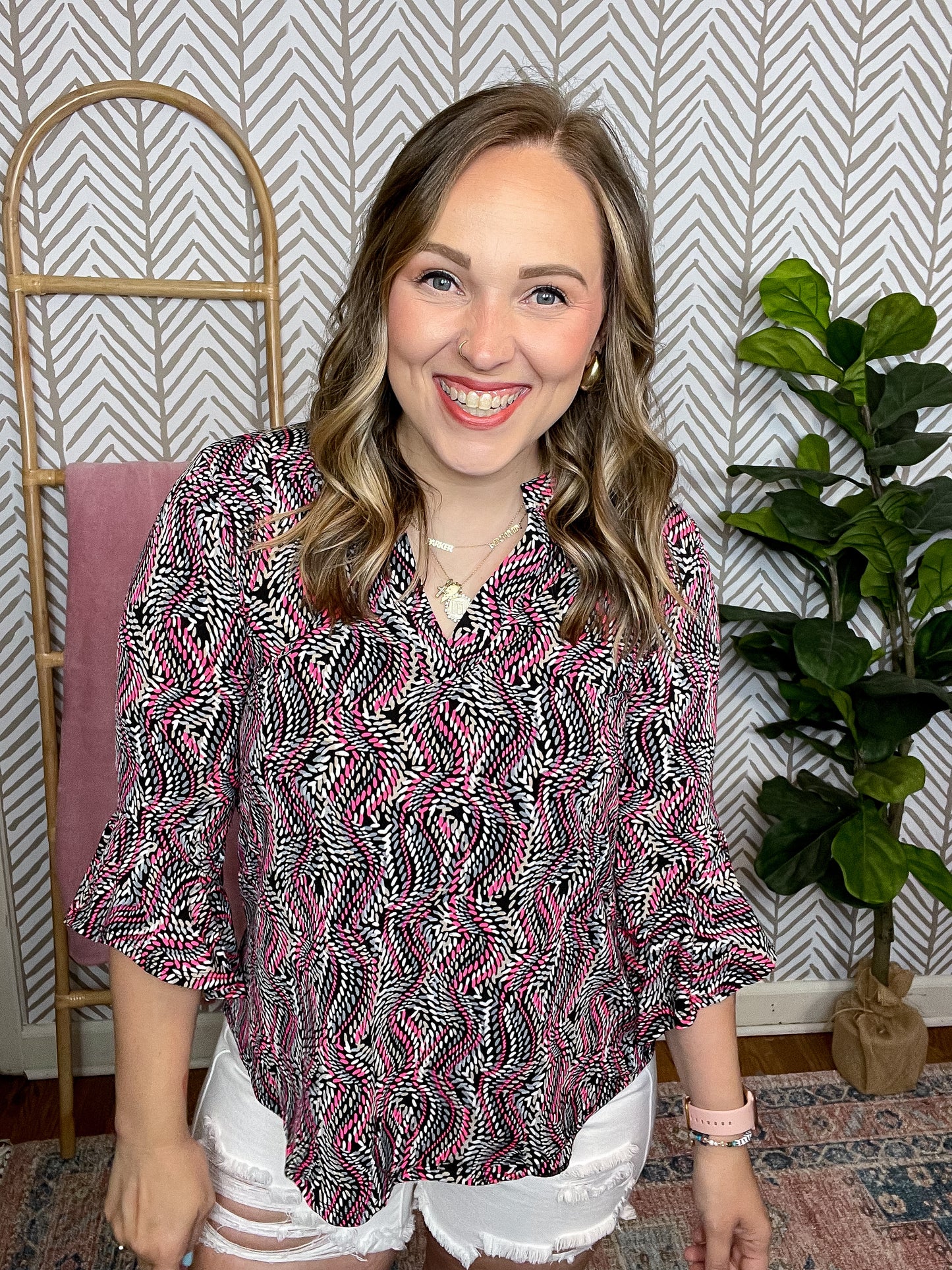 Lizzy Bell Sleeve Top in Black and Pink Rope