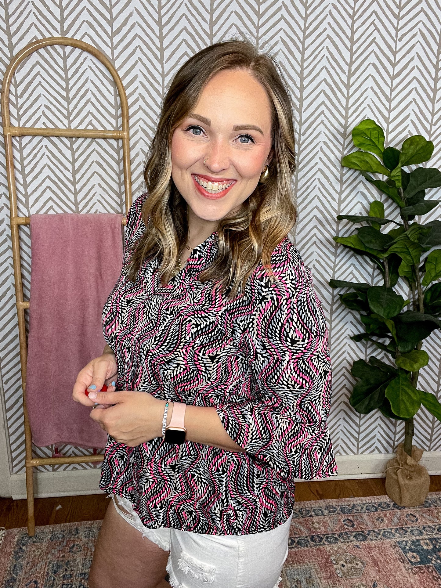 Lizzy Bell Sleeve Top in Black and Pink Rope