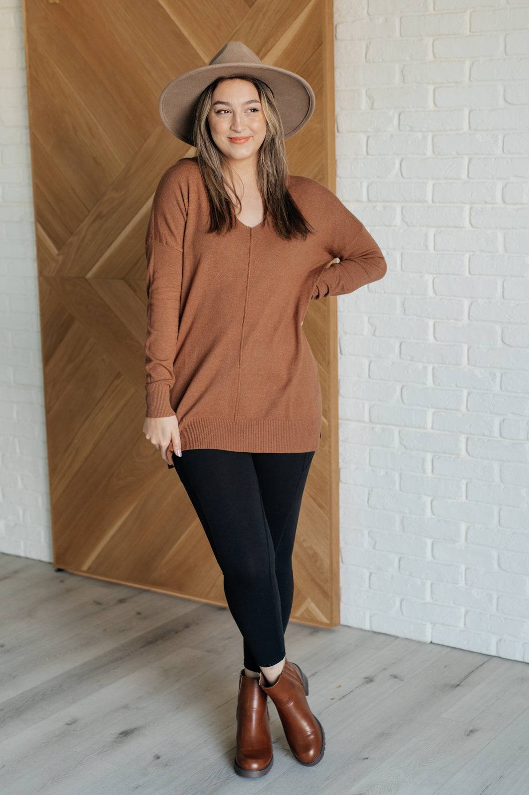 Candy V-Neck Front Seam Sweater in Deep Camel