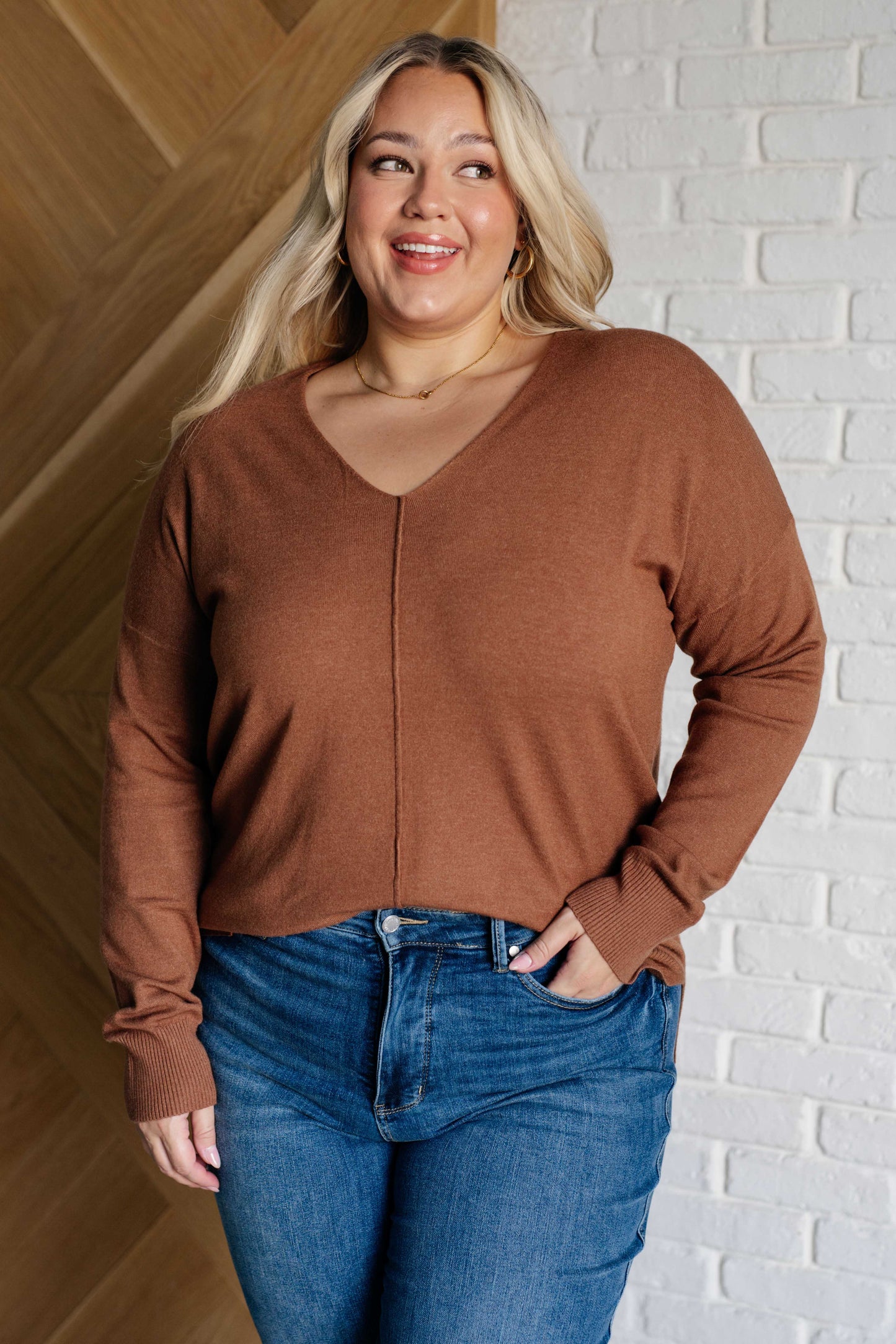 Candy V-Neck Front Seam Sweater in Deep Camel