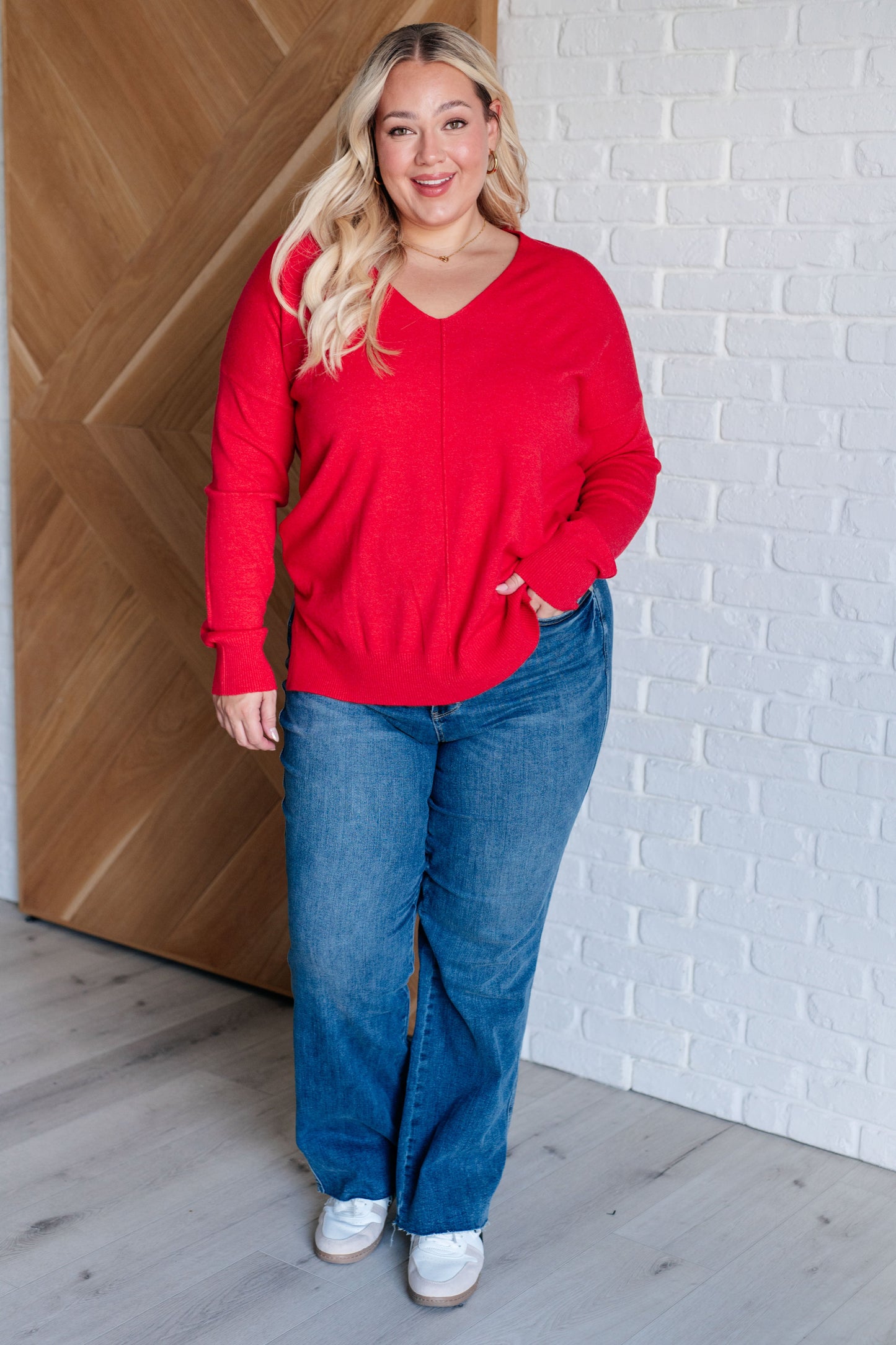 Candy V-Neck Front Seam Sweater in Heather Red