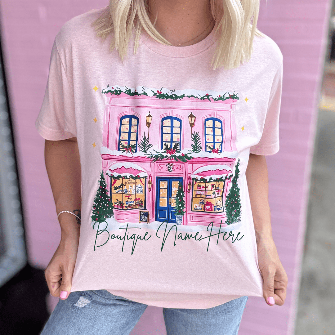 FestiviTees Women - Apparel - Shirts - T-Shirts Christmas Pink Store Front Graphic Tee