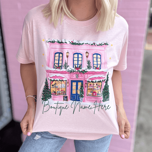 FestiviTees Women - Apparel - Shirts - T-Shirts Christmas Pink Store Front Graphic Tee