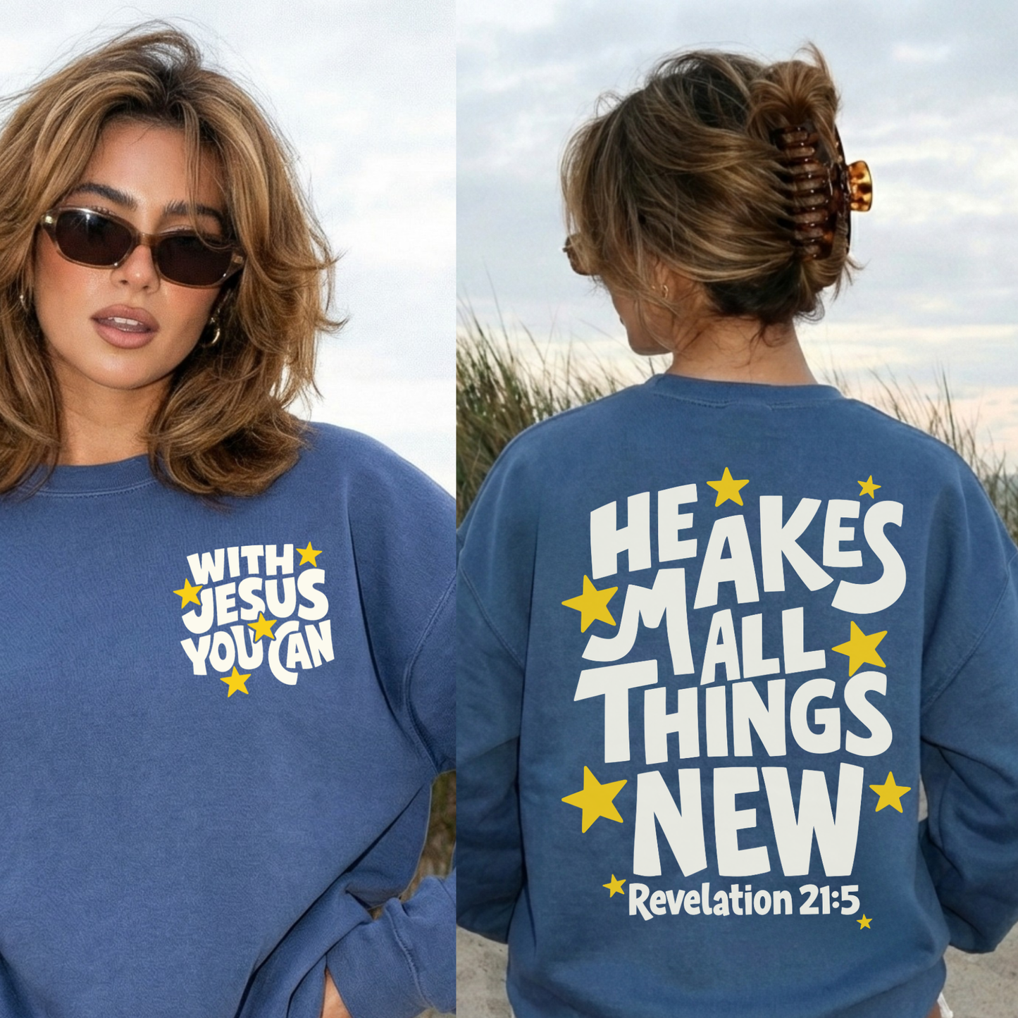 He Makes All Things New Crewneck Sweatshirt | Christian Coastal Graphic Sweatshirt | Revelation 21:5 Faith Pullover