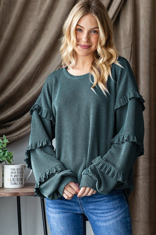 Ribbed Ruffle Sleeve Pullover