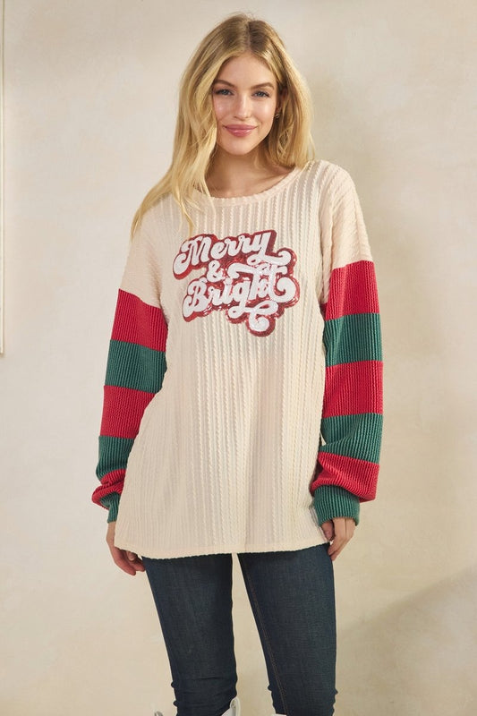 Merry Christmas Striped Sleeve Sweater