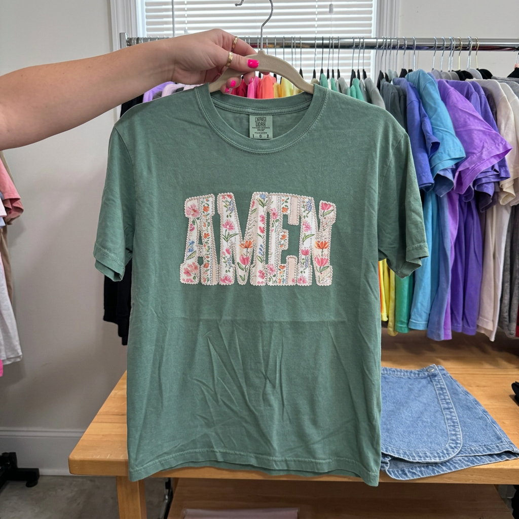Pearl and Floral 'Amen' Comfort Colors Tee