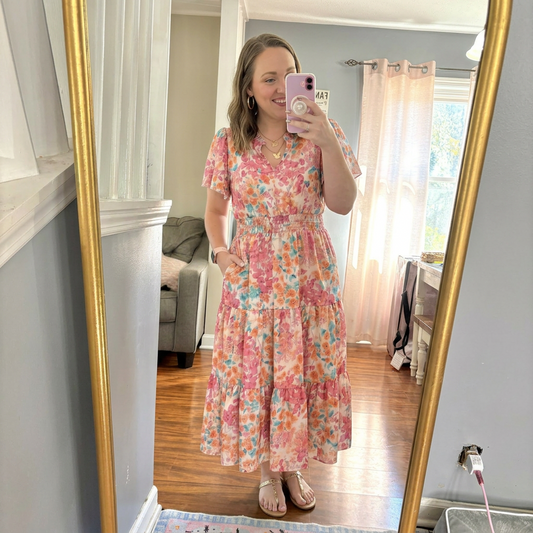 Paint and Sip Floral Tiered Midi Dress