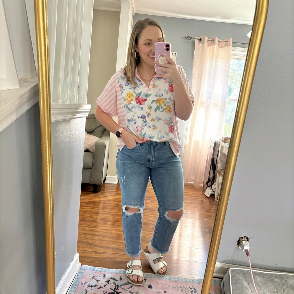 Strawberry Patch Floral and Stripe Mixed Top