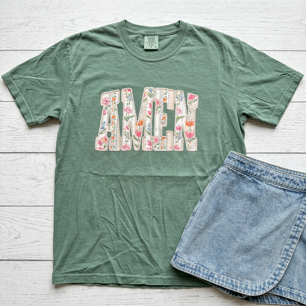 Pearl and Floral 'Amen' Comfort Colors Tee